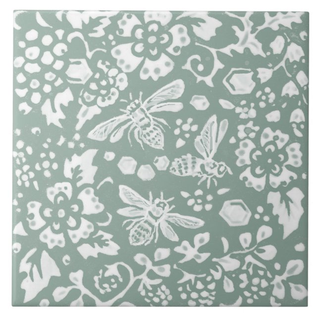 Busy Bee Sage Green Honeycomb Flower Garden Design Tile (Front)