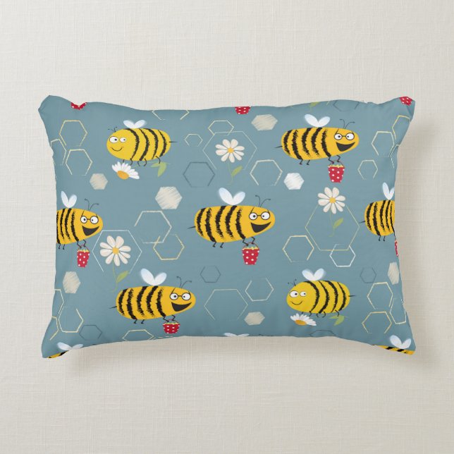 Busy bees buzzing around & pollinating flowers decorative cushion (Front)