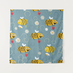 Busy bees buzzing around & pollinating flowers tapestry