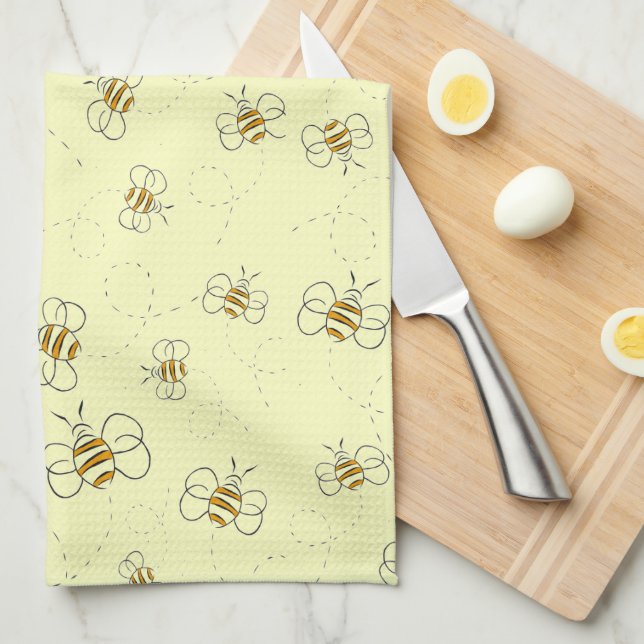 Busy Bees Flight Path Pattern Yellow Tea Towel (Quarter Fold)