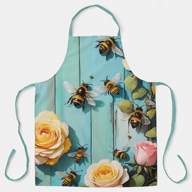 Busy Bees with Pink and Yellow Roses on Old Fence Apron (Front)