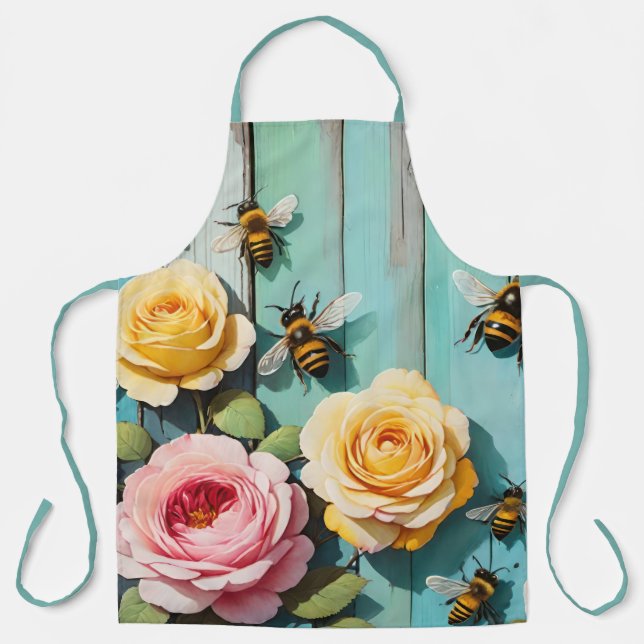 Busy Bees with Pink and Yellow Roses on Old Fence Apron (Front)