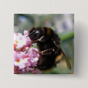 Busy Bumblebee and Pink Flowers Button