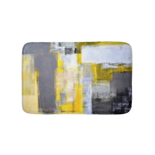 Image of 'Busy, Busy' Grey and Yellow Abstract Art Bath Mat