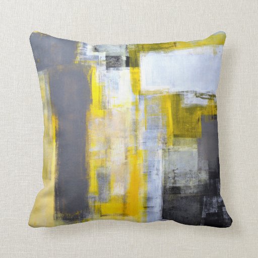 Image of 'Busy, Busy' Grey and Yellow Abstract Art Cushion
