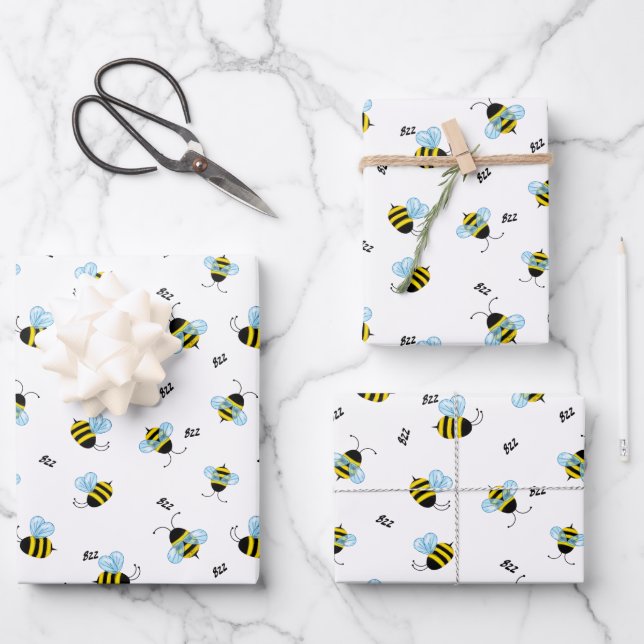Busy Buzzing Bees Cute Garden Bug Print Wrapping Paper Sheet (Front)