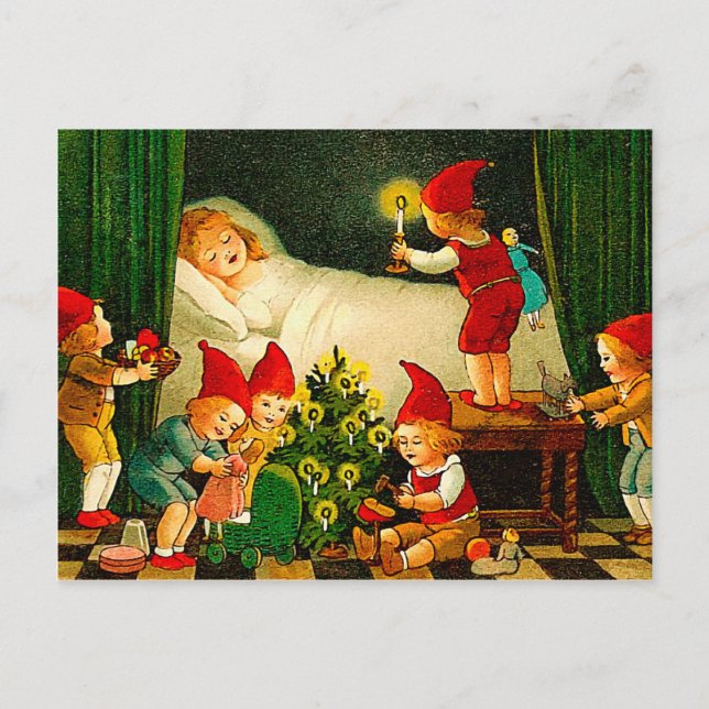 Busy Christmas Elves - Vintage Christmas Holiday Postcard (Front)