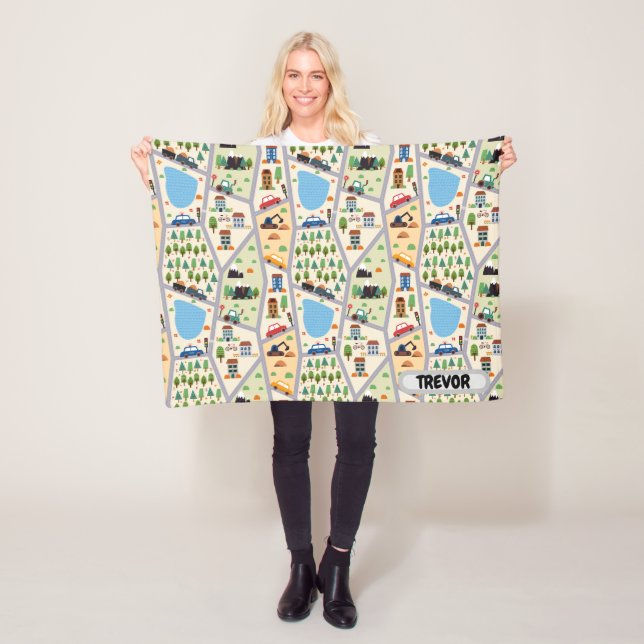 Busy City Roads Kids' Personalised Fleece Blanket (In Situ)
