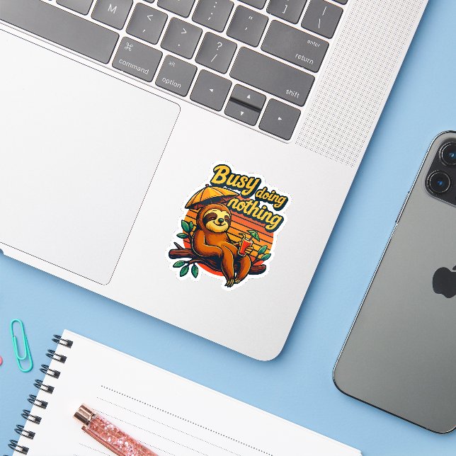 Busy Doing Nothing – Cute Sloth Sticker (Laptop w/ iPhone)