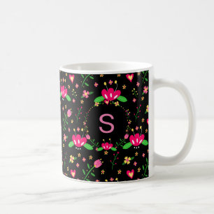 Busy Floral Pattern on Black Monogram Coffee Mug