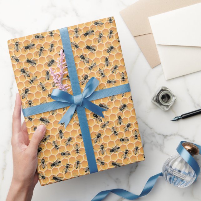 Busy Golden Honey Bees and Honeycomb Wrapping Paper (Gifting)