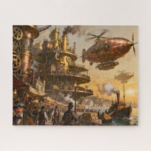 Busy Harbour in Steampunk City Jigsaw Puzzle