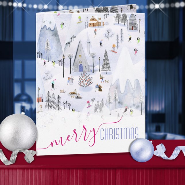 Busy Mountain Ski Village Merry Christmas Holiday Card (Creator Uploaded)