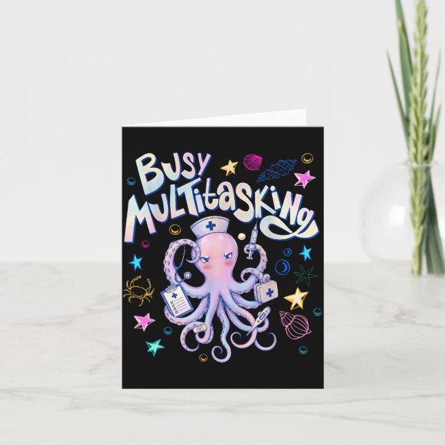 Busy Multitasking Octopus Nursing Beach Summer Card (Front)