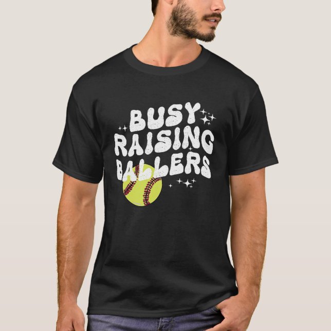 Busy Raising Ballers groovy Softball Cheer Mama T-Shirt (Front)