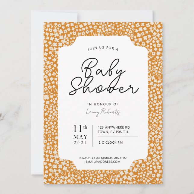 Busy Retro Ditsy Floral Orange and Beige Shower Invitation (Front)