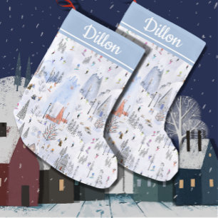 Busy Snowy Mountain Alpine Ski Village Small Christmas Stocking
