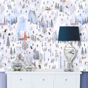 Busy Snowy Mountain Alpine Ski Village Wallpaper