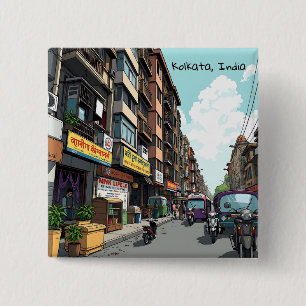 Busy Street of downtown Kolkata, India  15 Cm Square Badge