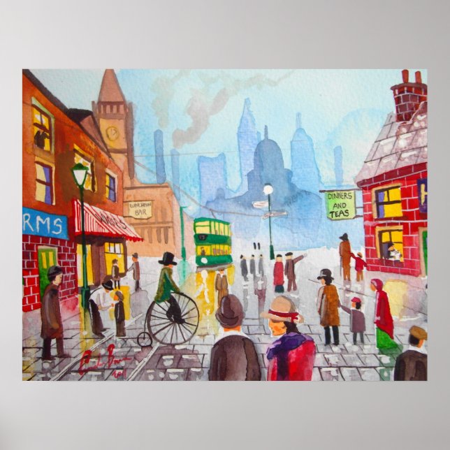 Busy street scene penny farthing tram Gordon Bruce Poster (Front)
