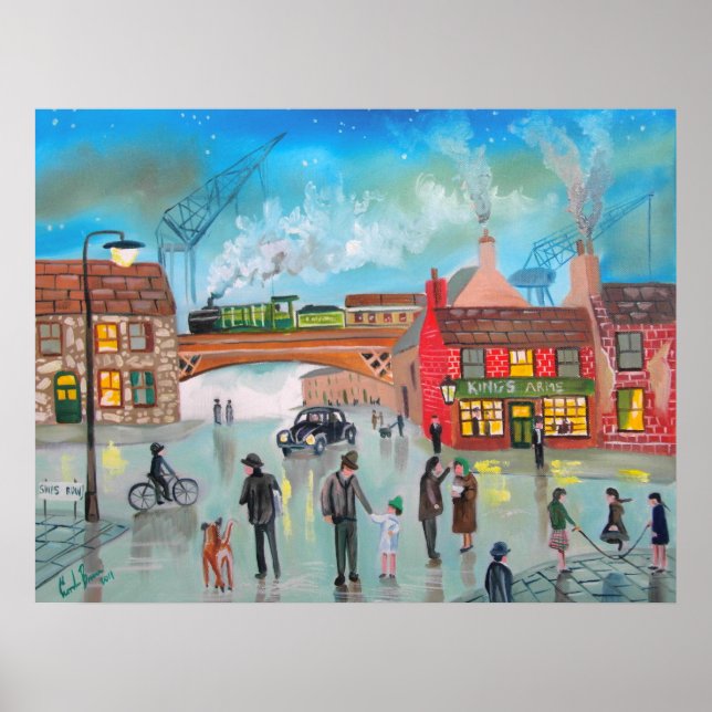 Busy street scene train Gordon Bruce art Poster (Front)
