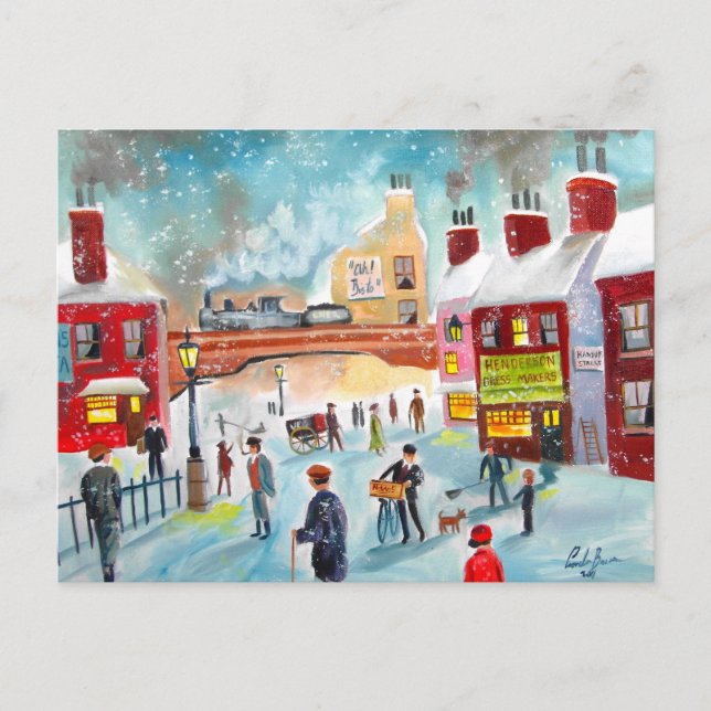 Busy street scene winter train oil painting art po postcard (Front)