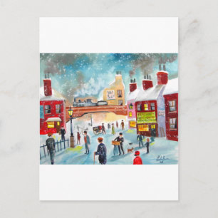 Busy street scene winter train oil painting art postcard
