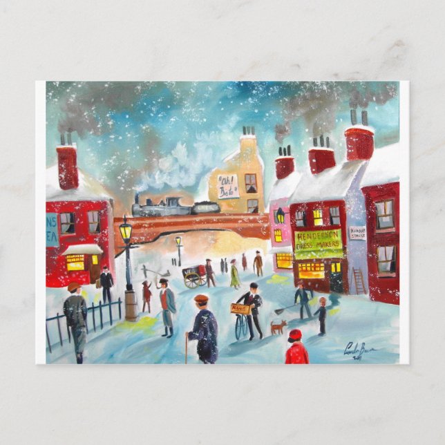 Busy street scene winter train oil painting art postcard (Front)