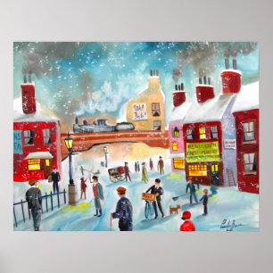 Busy street scene winter train oil painting art poster
