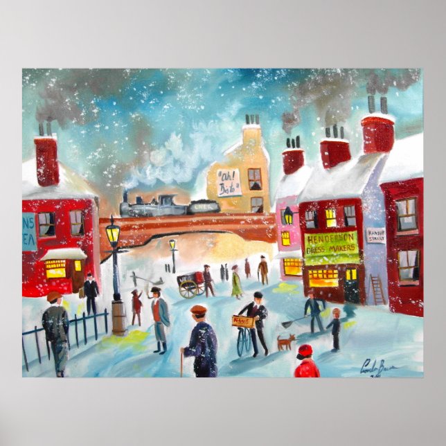 Busy street scene winter train oil painting art poster (Front)