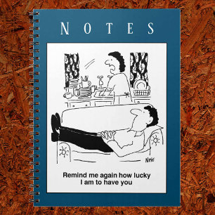 Busy Wife While Idle Husband Rests. Funny Cover on Notebook