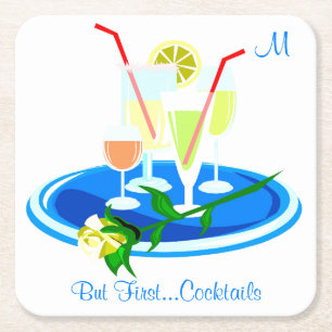 But First Cocktails Drink Quote Fun Humour Square Paper Coaster