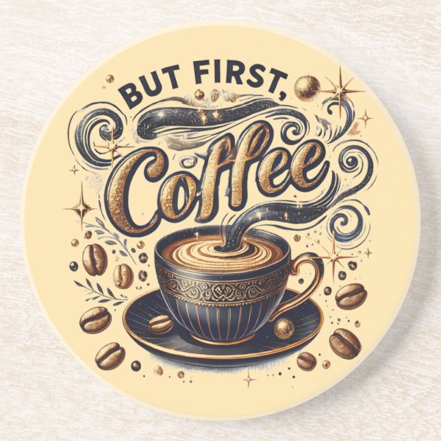 But First Coffee Art - Stylish Gold Design Coaster (Front)
