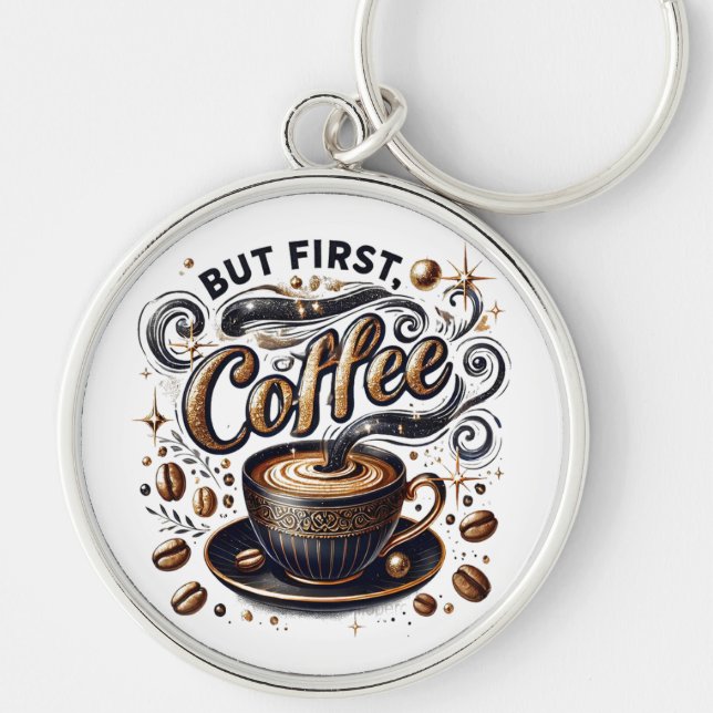 But First Coffee Art - Stylish Gold Design Key Ring (Front)