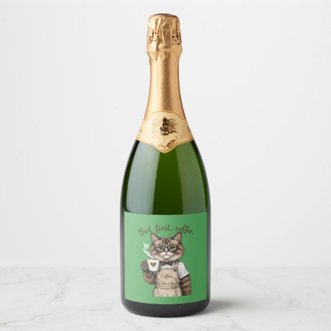 But First, Coffee Cat Sparkling Wine Label (Front)