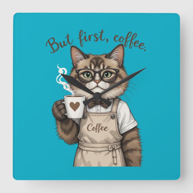 But First, Coffee Cat Square Wall Clock (Front)