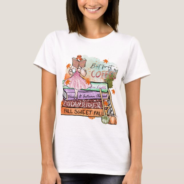 But First Coffee, Colourful Fall Book Lover's T-Shirt (Front)