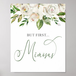 But First Mimosas White Floral Green Poster