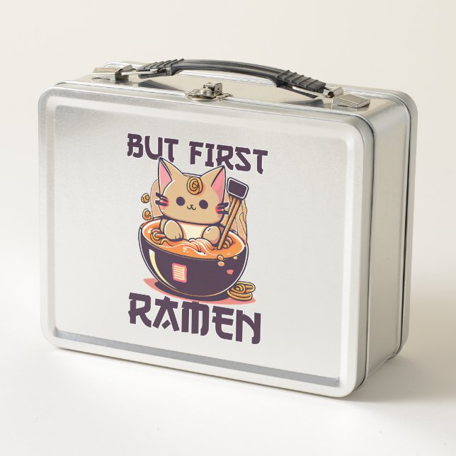 But First Ramen Cat Japanese Tokyo Ramen Noodles   Metal Lunch Box (Front)