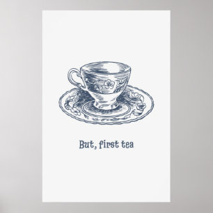 But First Tea Vintage Cup Print Cosy Kitchen Print