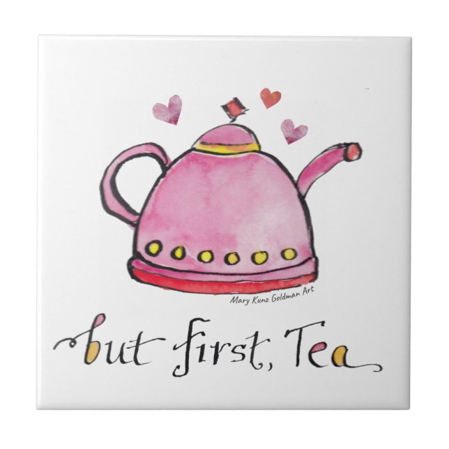 But First, Tea Whimsical Hand-Illustrated Kitchen Tile (Front)