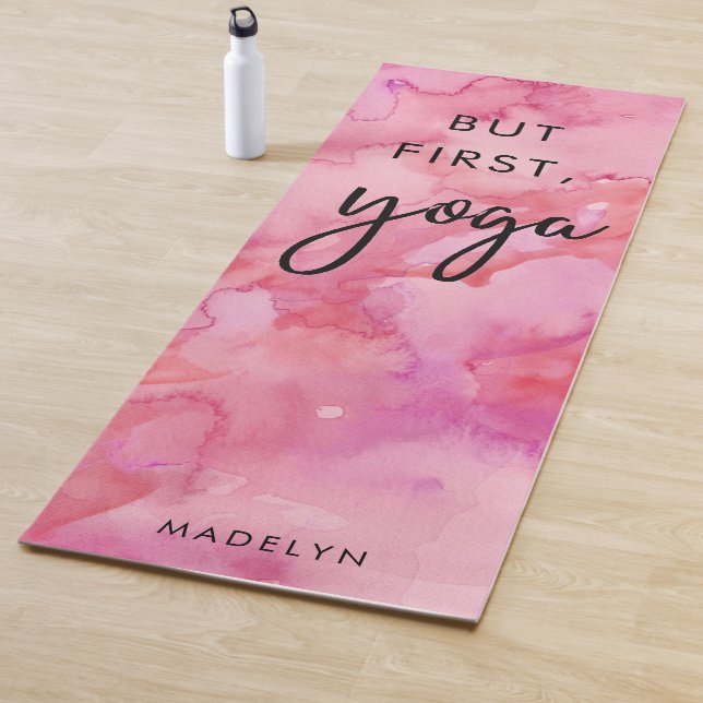 But First, Yoga | Pink Watercolor and Script Yoga Mat (In Situ)