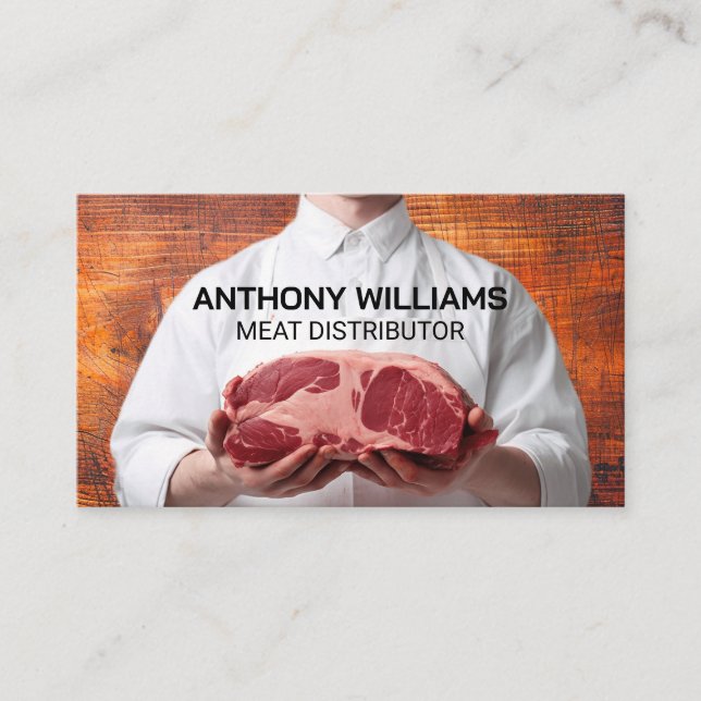 Butcher Holding Meat Cut | Wooden Cutting Board Business Card (Front)