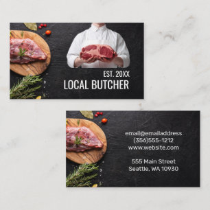 Butcher Holding Meat   Steak on Wood Business Card
