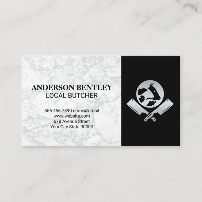 Butcher Knife Livestock | White Marble Background Business Card (Front)