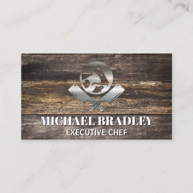 Butcher Knives Animals Logo | Metal Wood BBQ Business Card (Front)