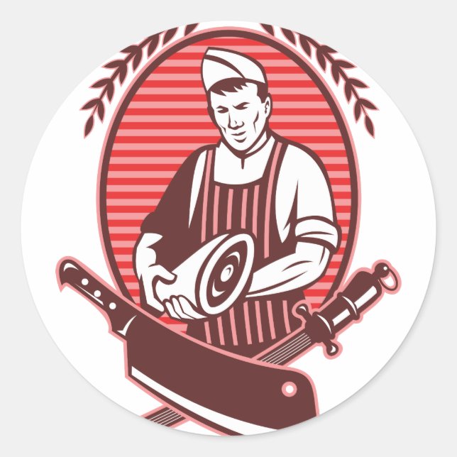 Butcher leg of meat knife and sharpening tool classic round sticker (Front)