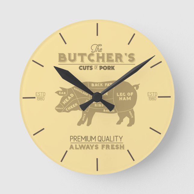 Butcher Shop Cuts of Pork Pig Diagram Round Clock (Front)
