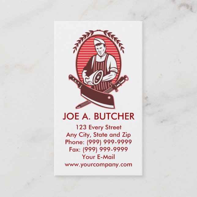 Butcher with meat knife and sharpener business card (Front)