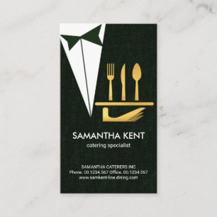 Butler Waiter Serving Gold Cutlery, Food Business Card
